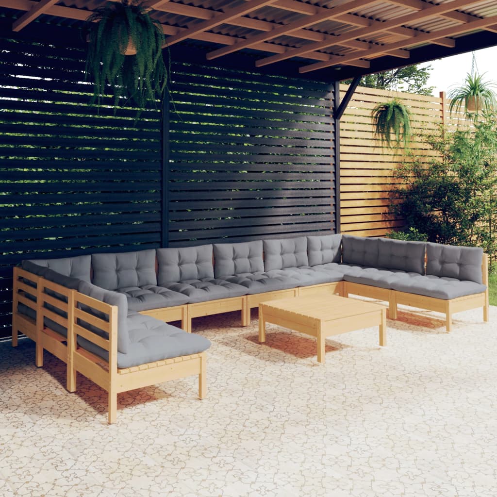 11-tlg. Garten-Lounge-Set mit Grauen Kissen Kiefer Massivholz